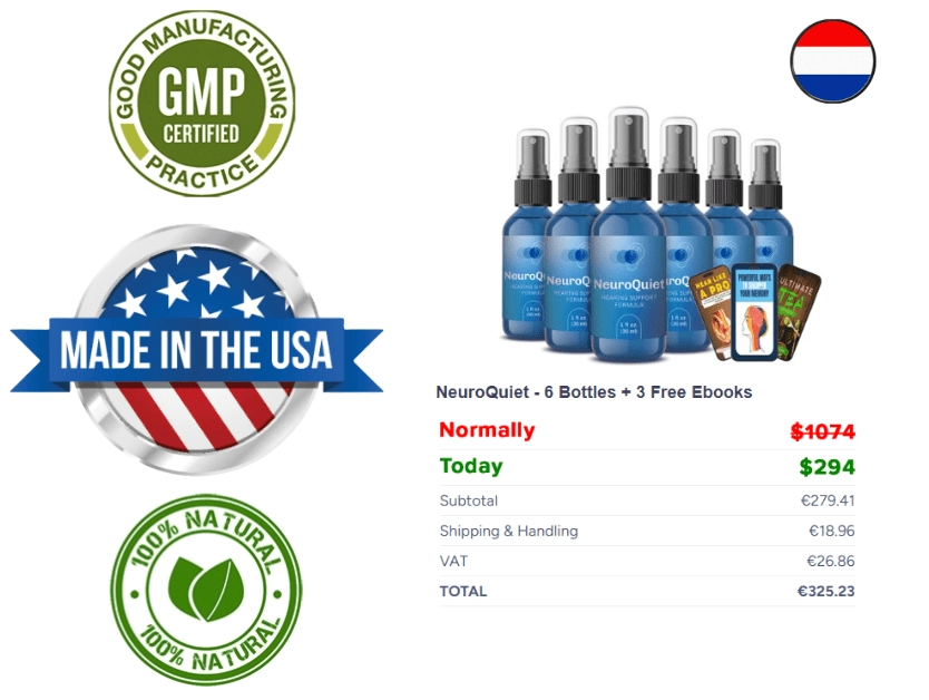 NeuroQuiet prijsinformatie met 6 flessen, gratis e-books, Nederlandse vlag en Made in the USA-label.